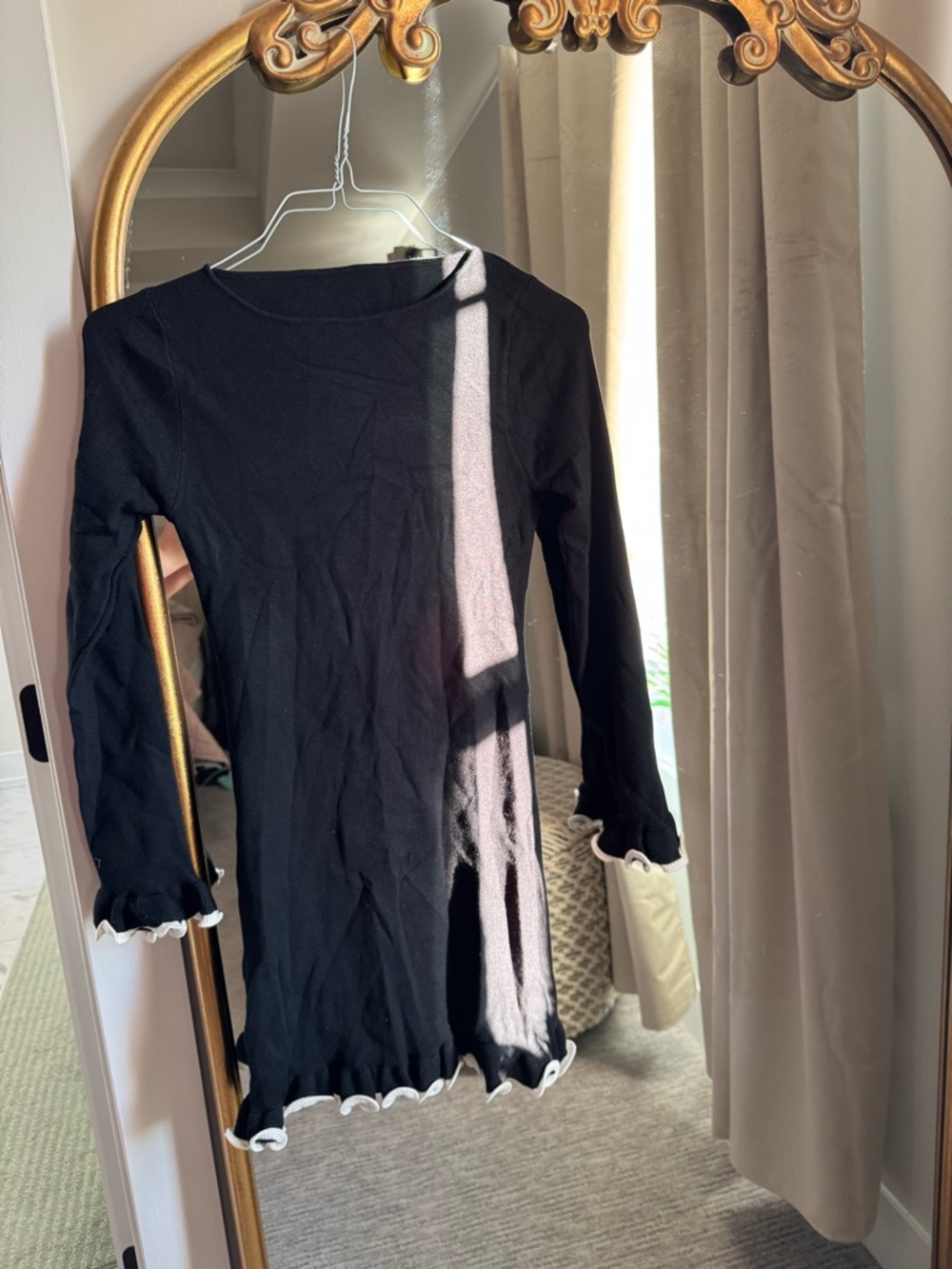 Black Ruffle Hem Long Sleeve Top with White Trim